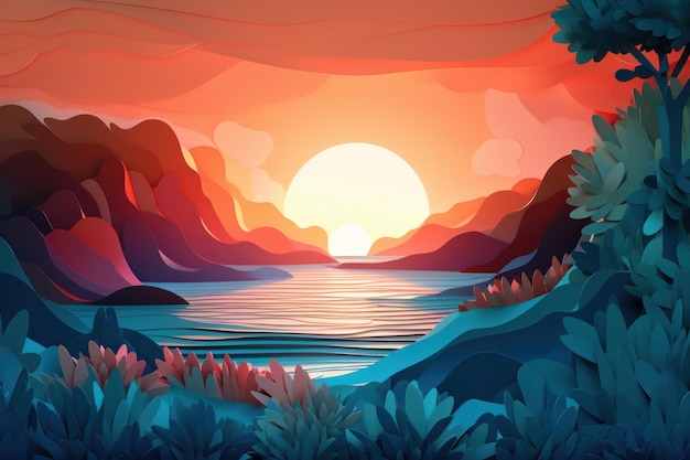 Uma paisagem de desenho animado com pôr do sol e montanhas