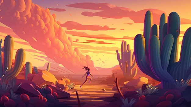 Uma paisagem de desenho animado com um cacto e uma garota correndo no deserto.