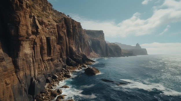 Uma paisagem de falésias com vista para o mar e uma falésia ao fundo.