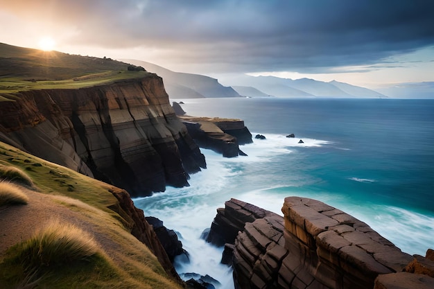 Uma paisagem de falésias e oceano com um pôr do sol ao fundo.