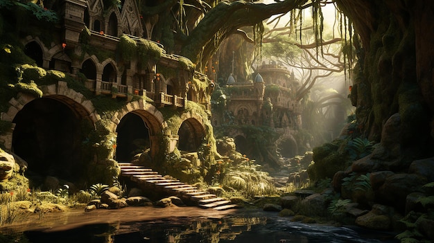 Uma paisagem de fantasia com ponte e ruínas