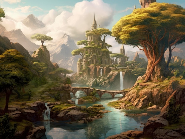 Uma paisagem de fantasia com um castelo e uma ponte ao longe.