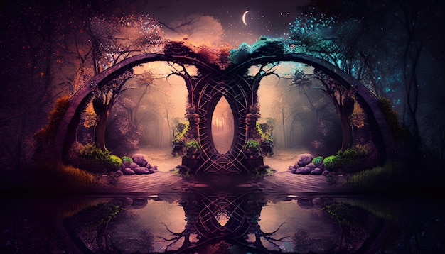Uma paisagem de fantasia com um portal no meio.