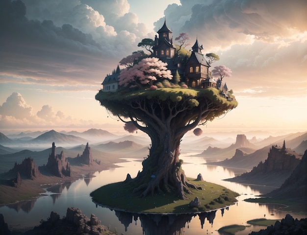 Uma paisagem de fantasia com uma árvore em cima