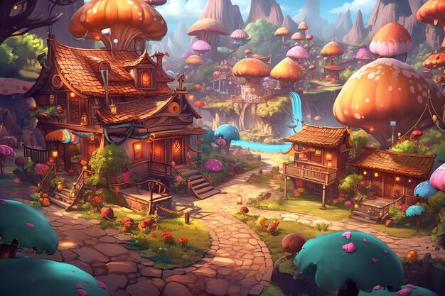 Uma paisagem de fantasia com uma casa de cogumelo e uma cachoeira.