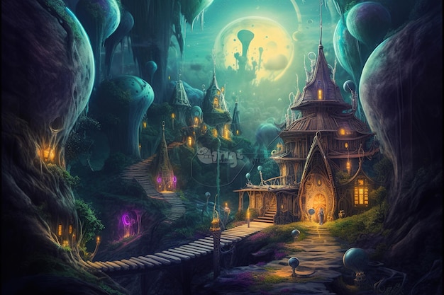 Uma paisagem de fantasia com uma casa e uma lua