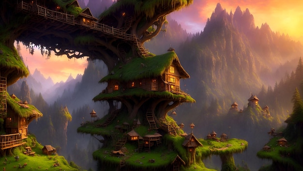 Uma paisagem de fantasia com uma casa no topo.