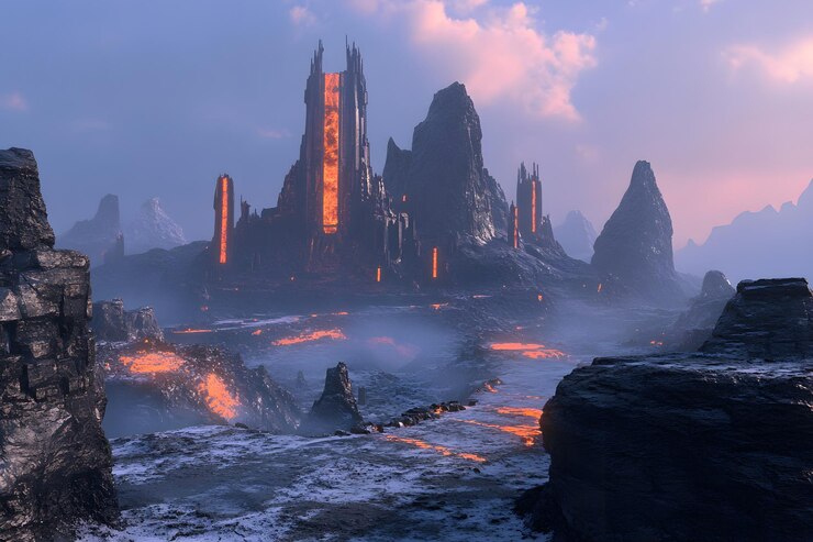 Foto uma paisagem de fantasia com uma cidade futurista com rios de lava brilhantes cercados por montanhas rochosas sob um céu claro e ligeiramente nublado