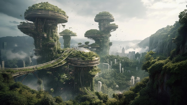 Uma paisagem de fantasia com uma floresta e uma cidade ao fundo