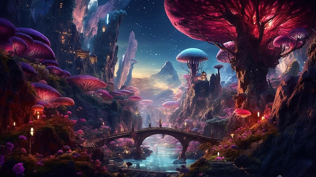 Uma paisagem de fantasia com uma ponte e uma ponte