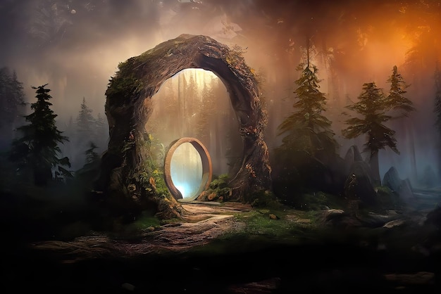 Uma paisagem de fantasia com uma porta no meio e uma entrada brilhante no meio.