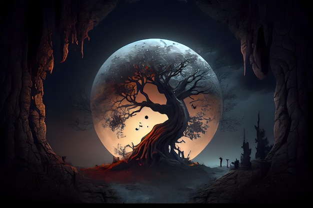 Uma paisagem de fantasia sombria com a lua ao fundo