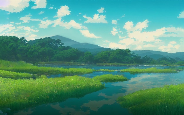 Uma paisagem de fundo de anime pintada com lago e montanhas.