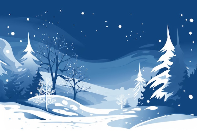 Uma paisagem de inverno azul com uma paisagem de neve e a lua ao fundo