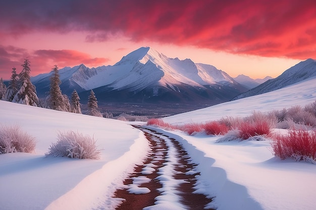 Uma paisagem de inverno com um caminho coberto de neve e um céu vermelho com uma montanha ao fundo