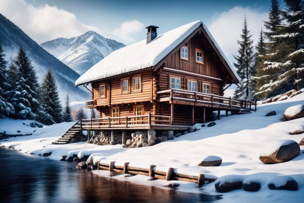 uma paisagem de inverno com uma casa de madeira no meio de montanhas nevadas