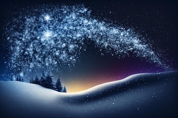 Uma paisagem de inverno com uma paisagem coberta de neve e um céu estrelado.