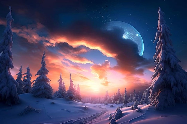 Uma paisagem de inverno com uma paisagem de neve e uma lua no céu