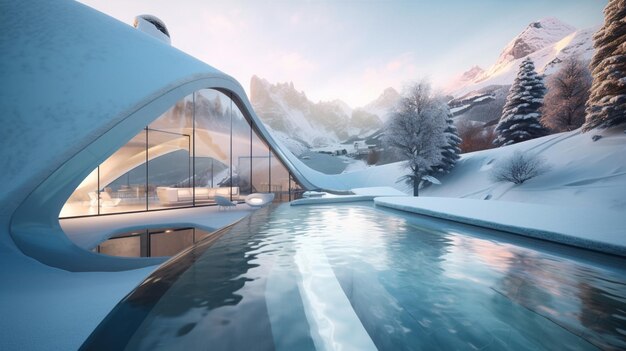 Uma paisagem de inverno com uma piscina e uma montanha ao fundo.