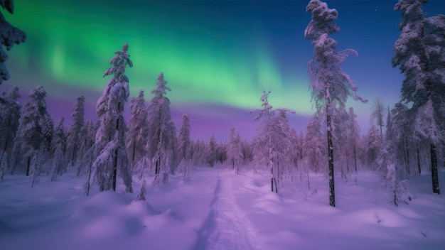 Uma paisagem de inverno com uma trilha na neve e as luzes do norte.