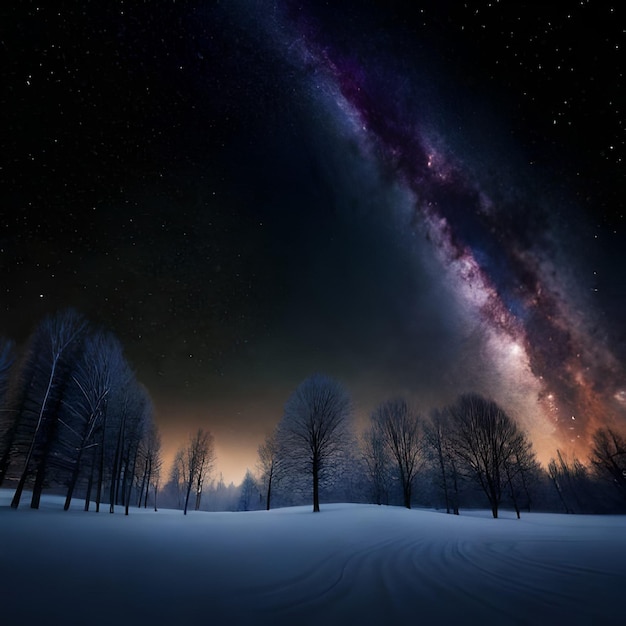 Uma paisagem de inverno com uma via láctea acima das árvores