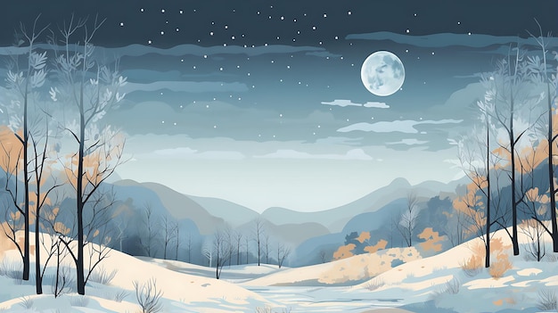 uma paisagem de inverno e floresta com IA geradora de lua cheia