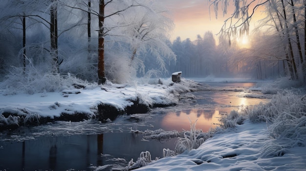 uma paisagem de inverno nevada com um riacho em primeiro plano, que lembra os estilos artísticos de Mikko Lagerstedt, Raphael Lacoste e Ivan Shishkin. esta foto captura a essência da foto-real