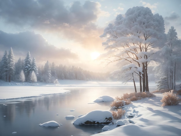 uma paisagem de inverno serena com árvores cobertas de neve um lago congelado