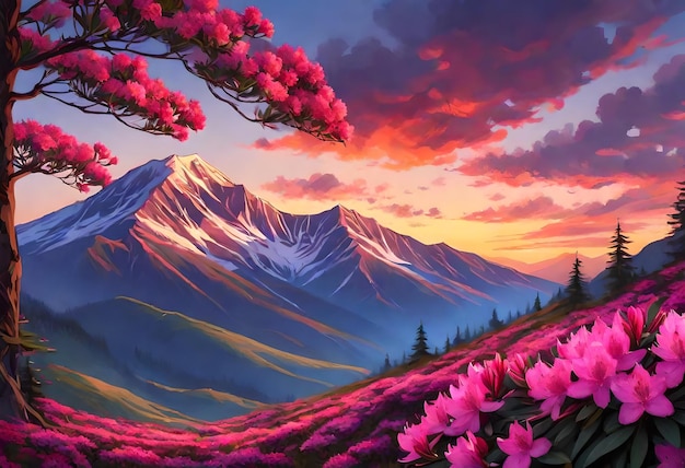 uma paisagem de montanha com flores cor-de-rosa e montanhas ao fundo