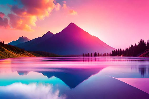 Uma paisagem de montanha com um céu rosa e uma montanha ao fundo