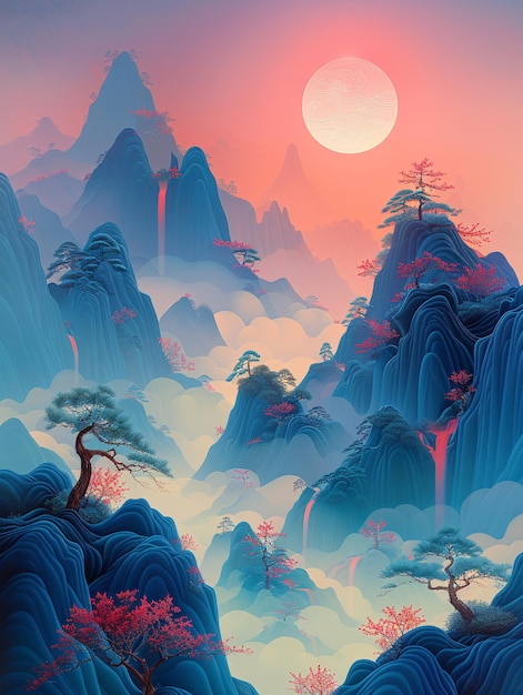 uma paisagem de montanha com uma lua cheia e árvores estilo chinês paisagem azul ilustração terras de tinta