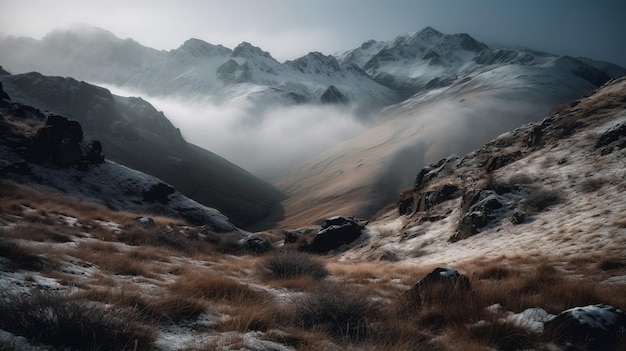 Uma paisagem de montanha nevada com uma montanha nevada ao fundo.