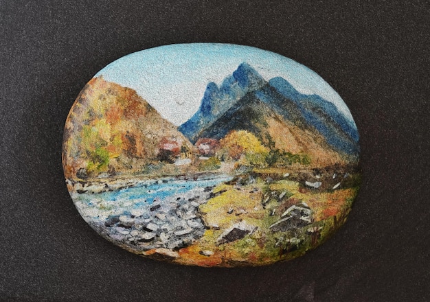 Uma paisagem de montanha pintada em pedra e deitada em uma ardósia escura