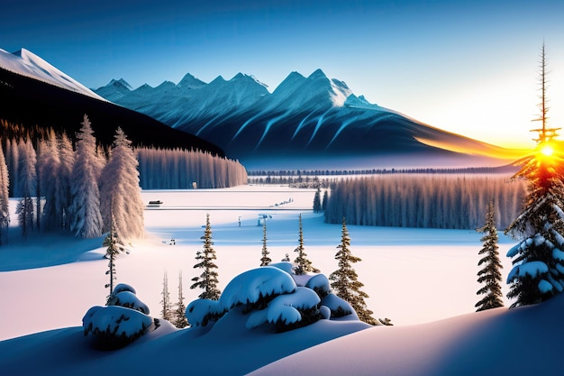 Uma paisagem de neve canadense com uma montanha ao fundo