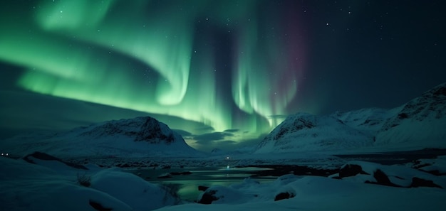 Uma paisagem de neve com a aurora boreal acima dela