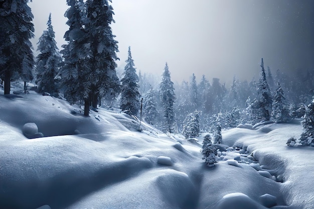 Uma paisagem de neve com árvores e neve no chão
