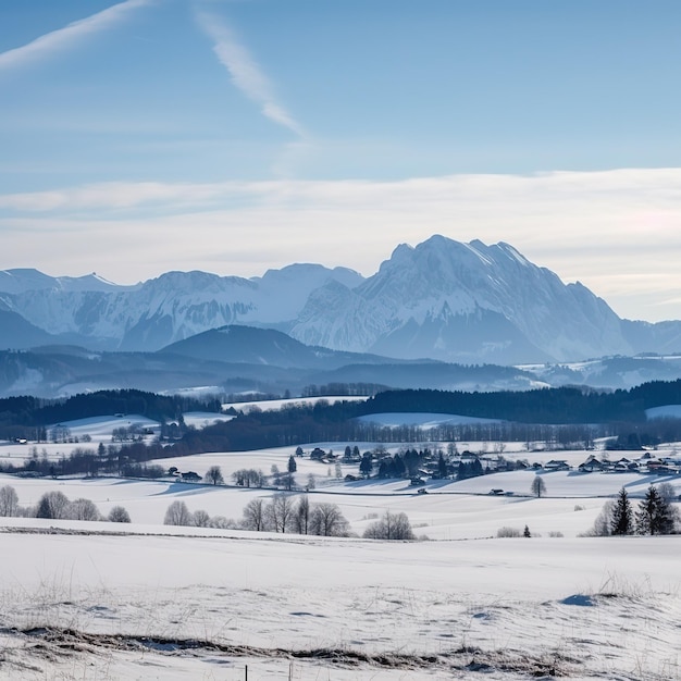 Uma paisagem de neve com montanhas ao fundo e um céu azul com nuvens.