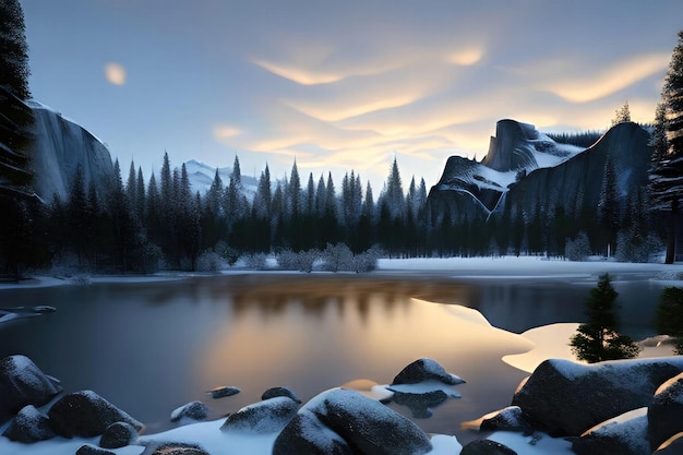 Uma paisagem de neve com montanhas ao fundo