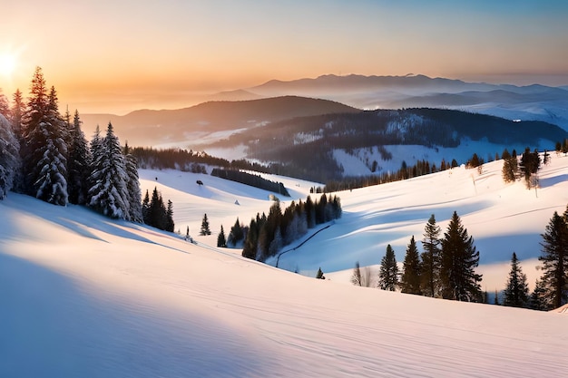 Uma paisagem de neve com montanhas ao fundo