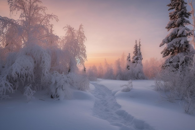 Uma paisagem de neve com um caminho que conduz às árvores cobertas de neve.