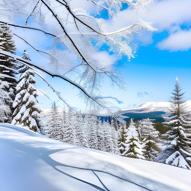 Uma paisagem de neve com um céu azul e árvores nevadas