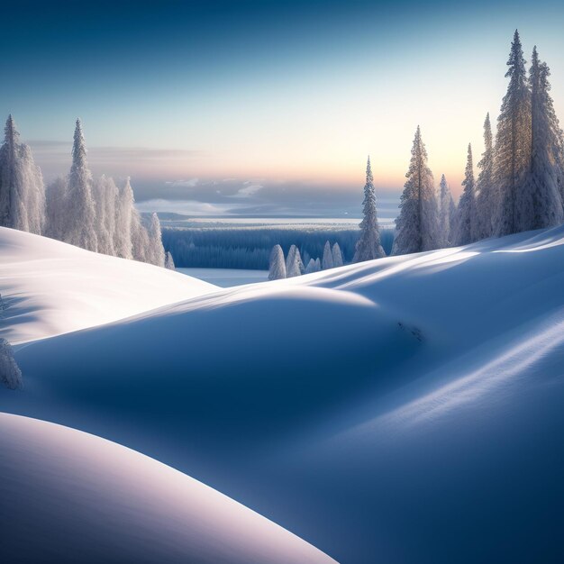 Uma paisagem de neve com um céu azul e um campo nevado com árvores em primeiro plano.