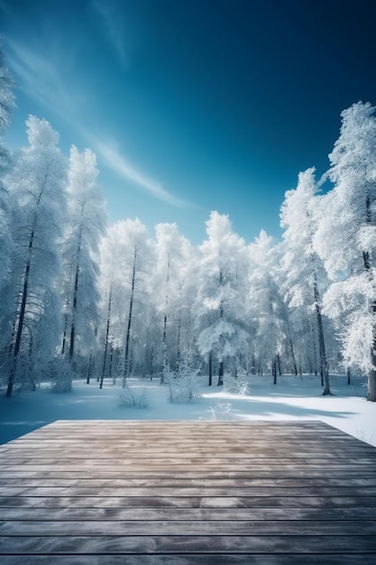 Uma paisagem de neve com um deck de madeira e árvores cobertas de neve.