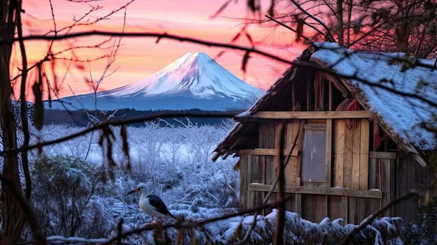 Uma paisagem de neve com um pássaro na frente de uma montanha de neve