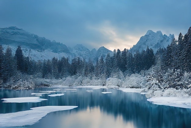 Uma paisagem de neve com um rio e montanhas ao fundo