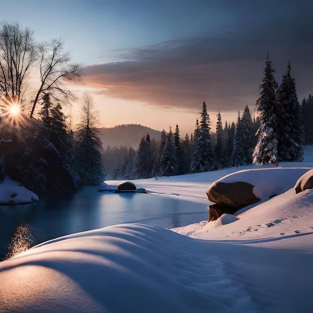 Uma paisagem de neve com um rio e uma montanha de neve ao fundo