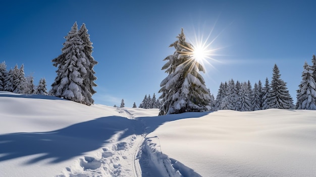 Uma paisagem de neve com um sol brilhando na neve