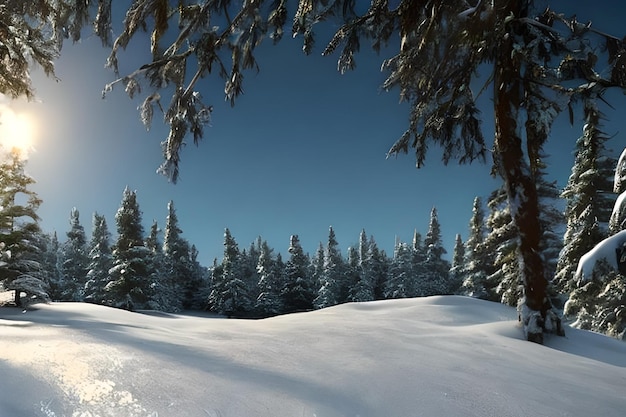Uma paisagem de neve com uma árvore em primeiro plano e um céu azul com o sol brilhando sobre ele.