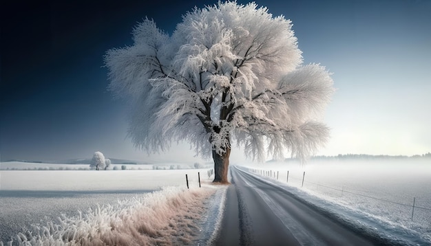 Uma paisagem de neve com uma árvore no meio e uma estrada