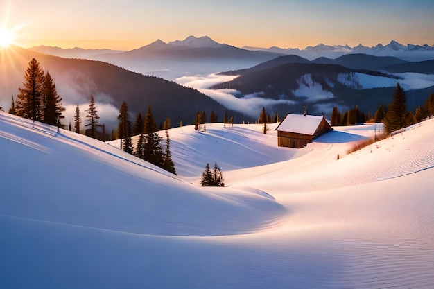 Uma paisagem de neve com uma casa em primeiro plano e montanhas ao fundo.